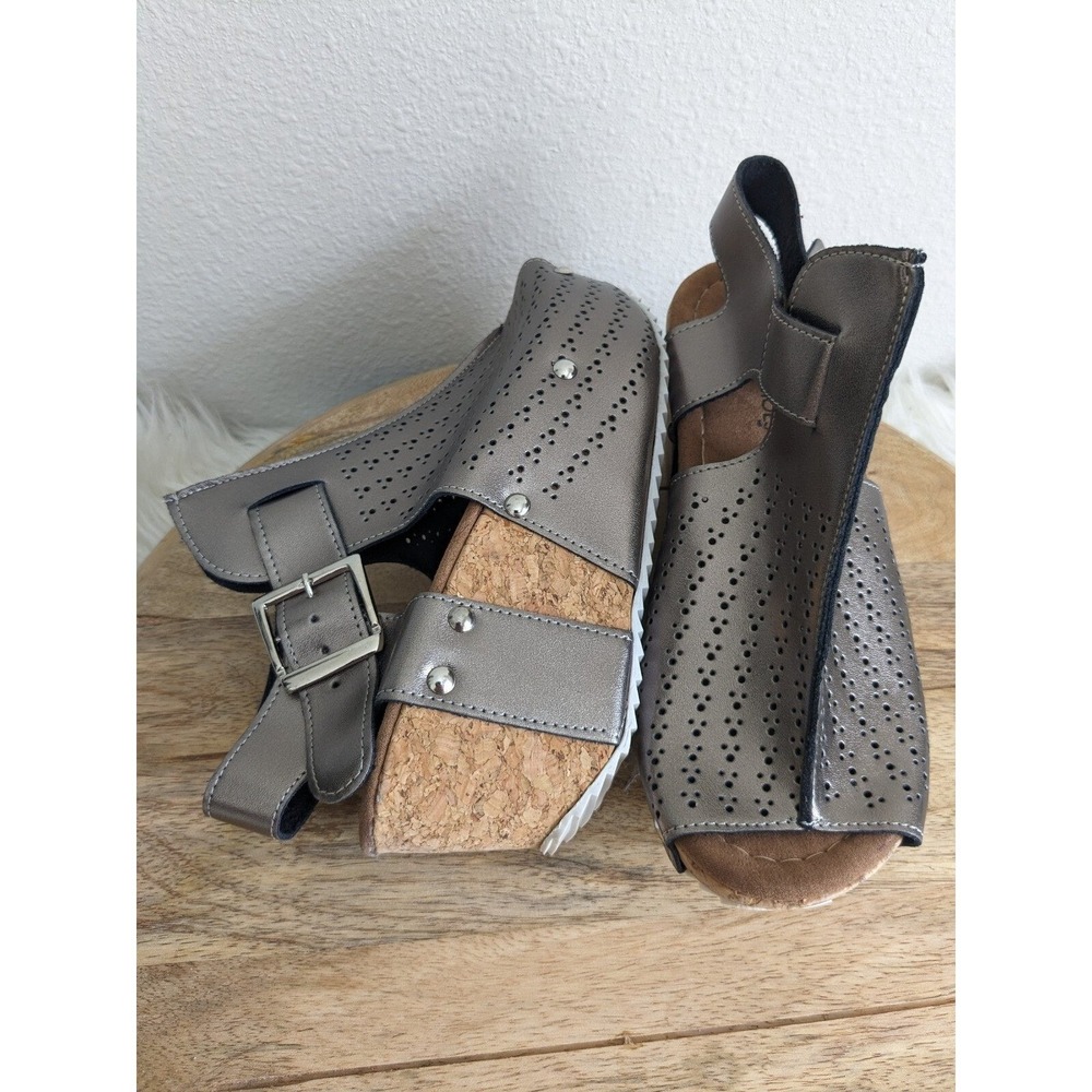 Metallic Gray Wedge Sandals with Buckle Closure platforms cute - Picture 3 of 5